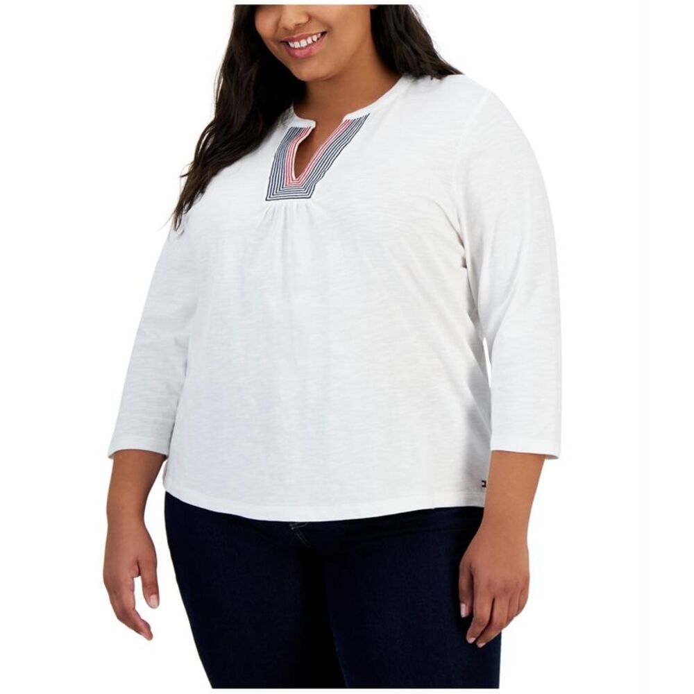 Tommy Hilfiger Womens Split Neck Embellished T-Shirt, , Plus Size, 1X, DM